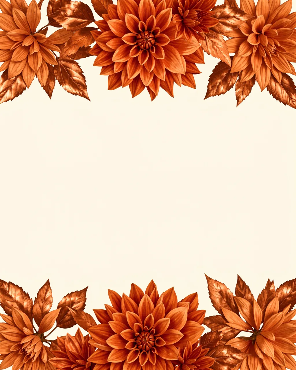 Symmetrical top and bottom borders of burnt orange dahlias and copper leaves on an empty cream background