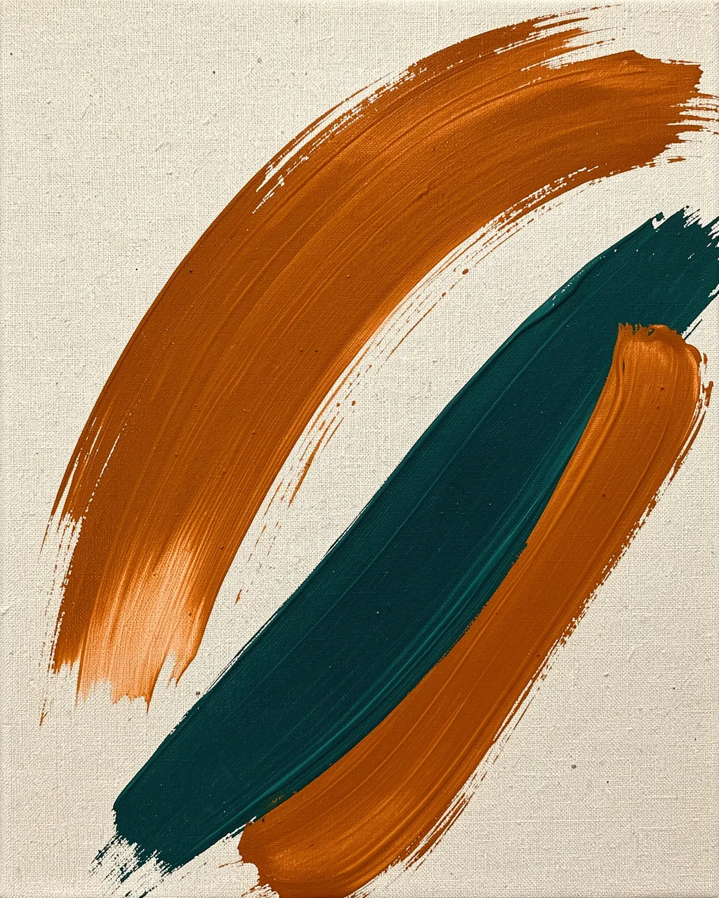 Textured acrylic sweeping arcs of burnt orange and deep teal applied to raw unbleached canvas