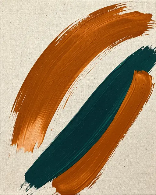 Textured acrylic sweeping arcs of burnt orange and deep teal applied to raw unbleached canvas