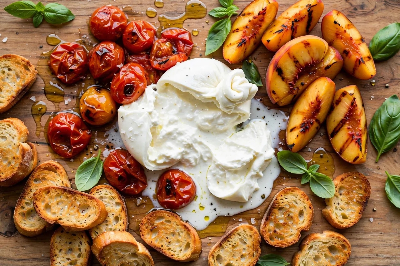 Overhead view of a wooden board with torn burrata, roasted tomatoes, grilled peaches, basil, olive oil and toasted crostini.
