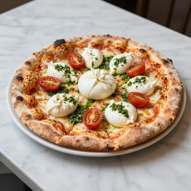 Wood-fired pizza topped with burrata, cherry tomatoes and pesto rests on a white plate atop a marble table