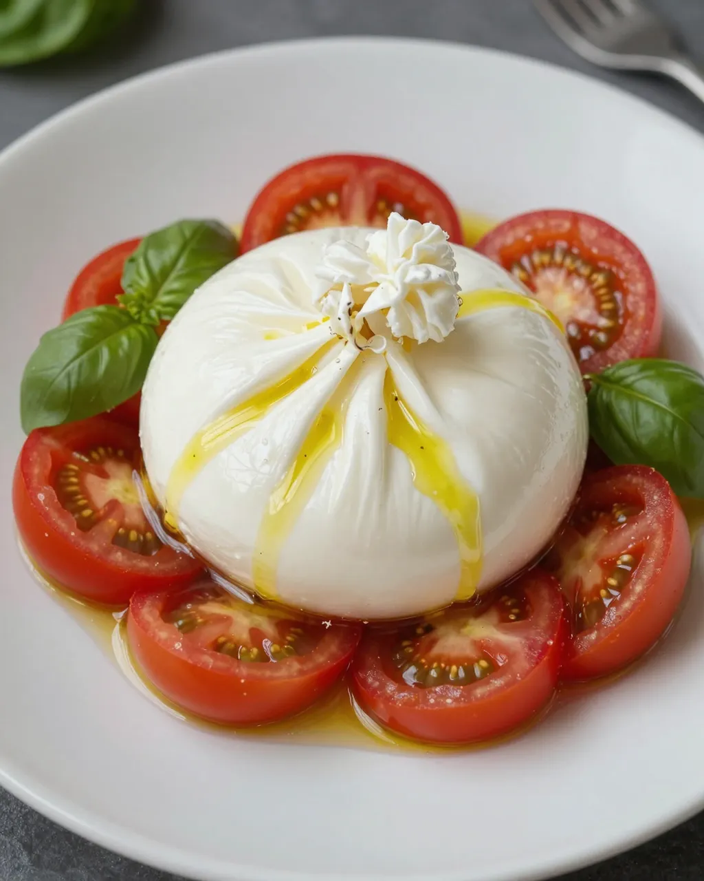 Creamy burrata drizzled with olive oil, surrounded by sliced tomatoes and fresh basil on a white plate.