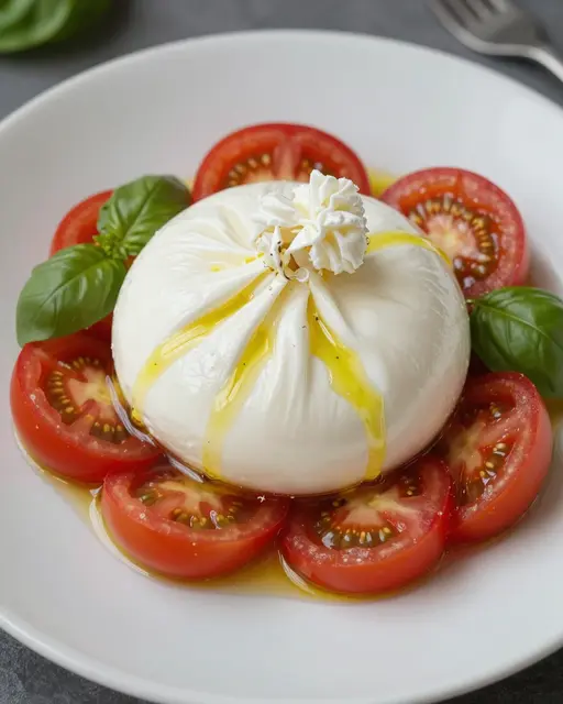 Creamy burrata drizzled with olive oil, surrounded by sliced tomatoes and fresh basil on a white plate.
