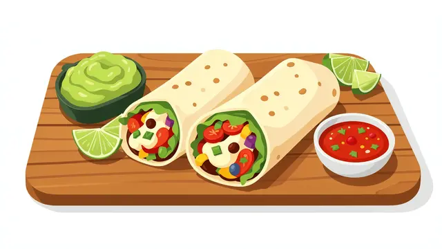 Flat vector illustration of two cut burritos, guacamole, lime wedges and salsa arranged on a wooden serving board