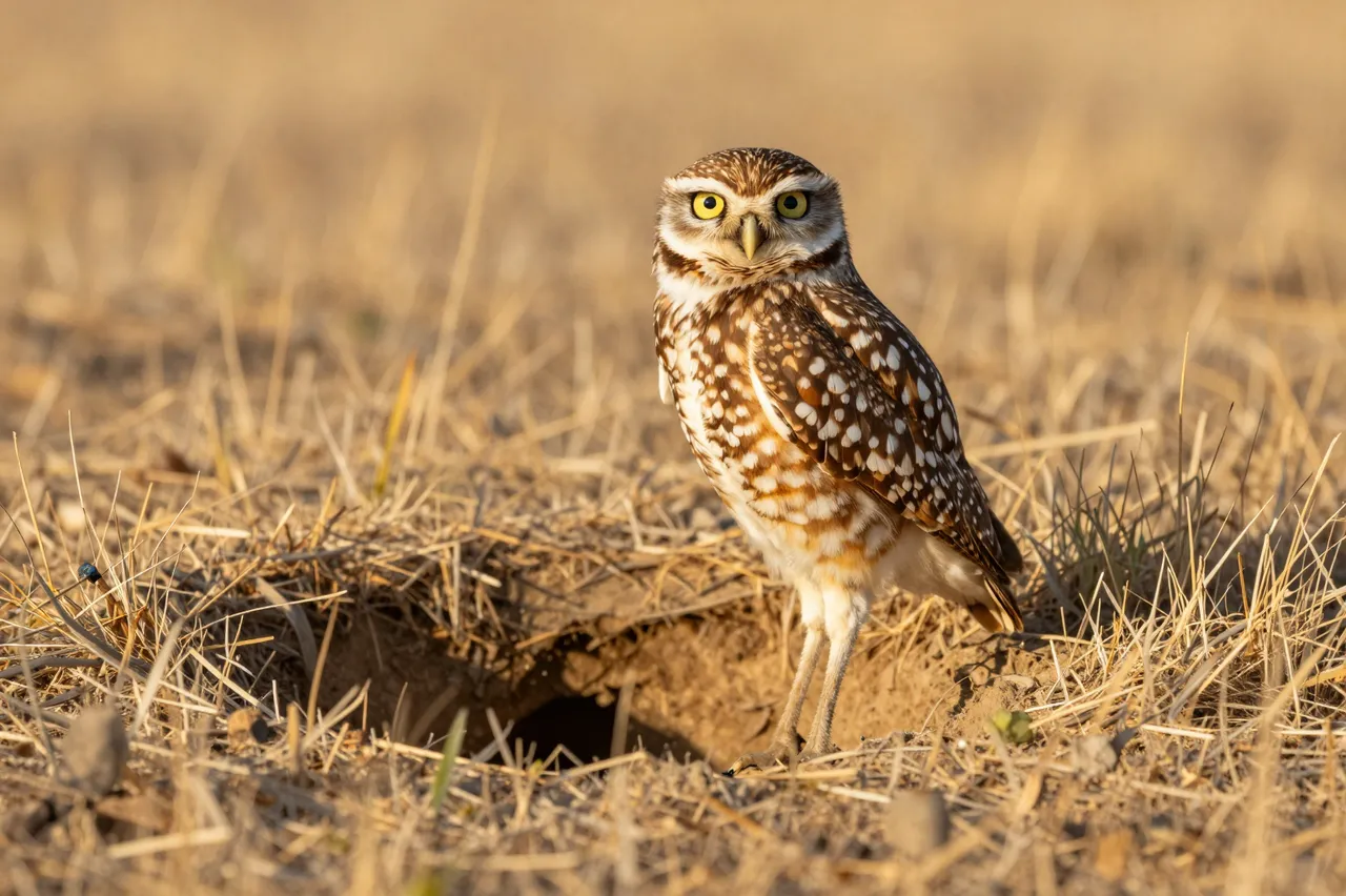 A burrowing owl with bright yellow eyes stands at the opening of its burrow in sunlit dry grassland.