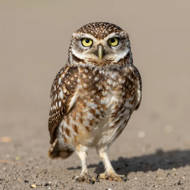 A close-up of a spotted burrowing owl standing upright on sandy dirt and staring directly at the viewer.
