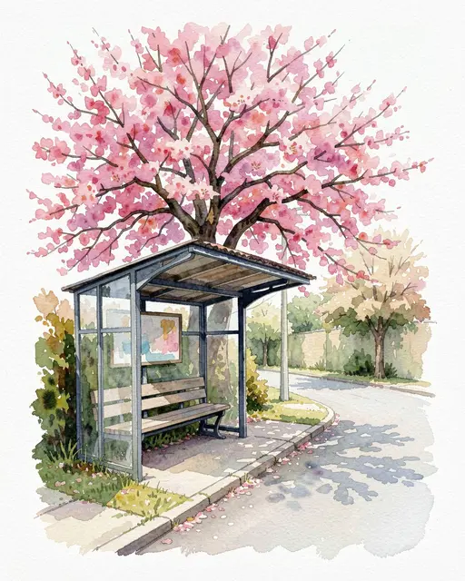 Watercolor illustration of an empty glass bus shelter under a blooming pink tree beside a quiet lane