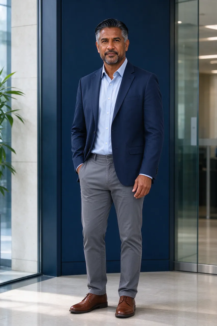 Middle aged Indigenous man in business casual attire stands in a modern office entrance looking at the camera