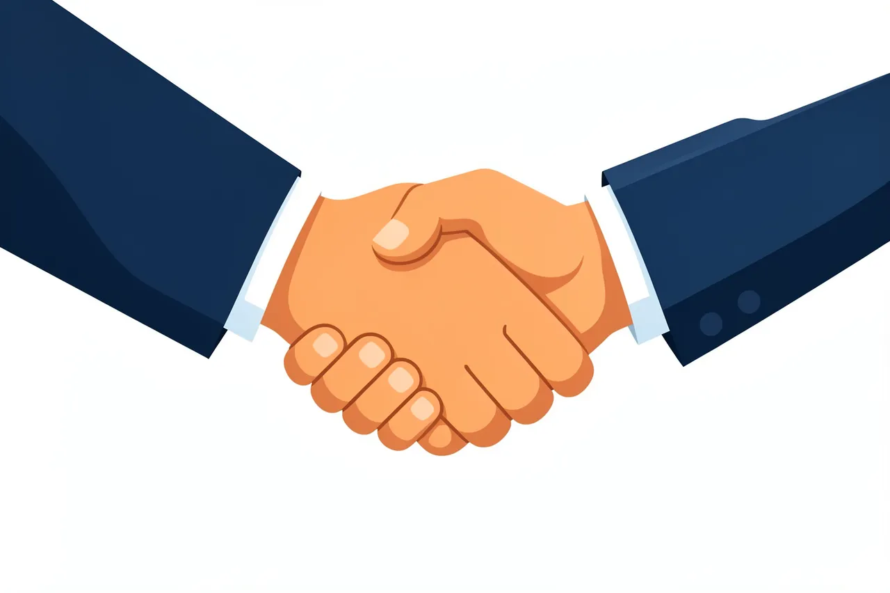 Two suit-clad hands locked in a handshake against a plain white background