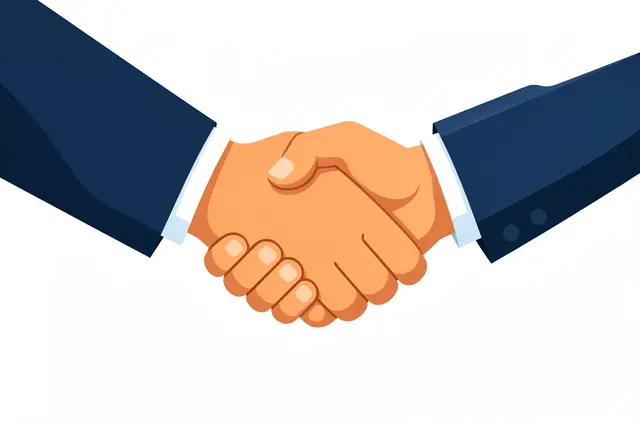 Two suit-clad hands locked in a handshake against a plain white background