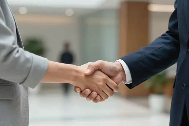 Close-up of two adults in business suits shaking hands inside a blurred modern office lobby