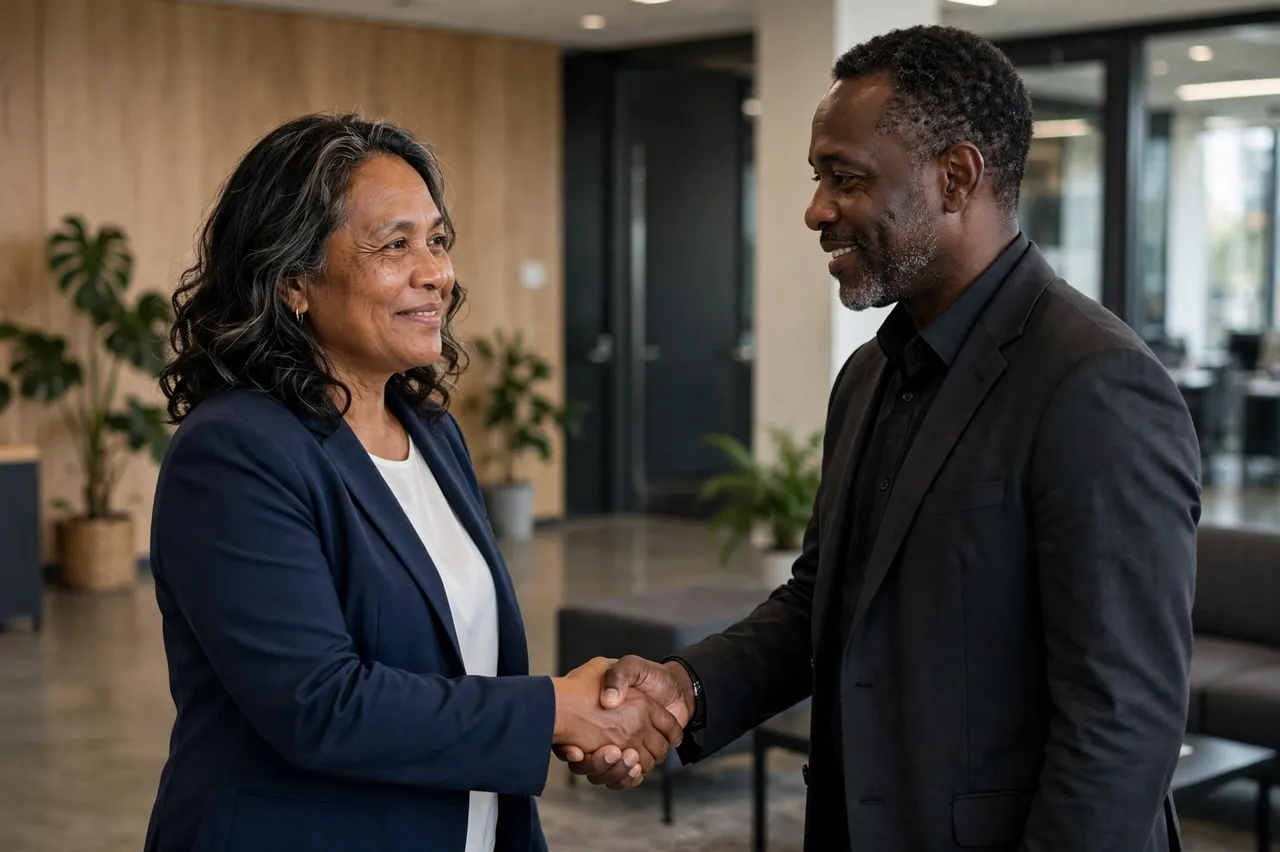A Pacific Islander woman and a Black man, both in their fifties, smile while shaking hands in a modern office lobby.