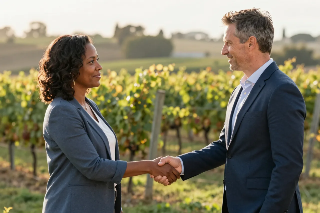 Two businesspeople shake hands while facing each other in a sunlit vineyard at golden hour