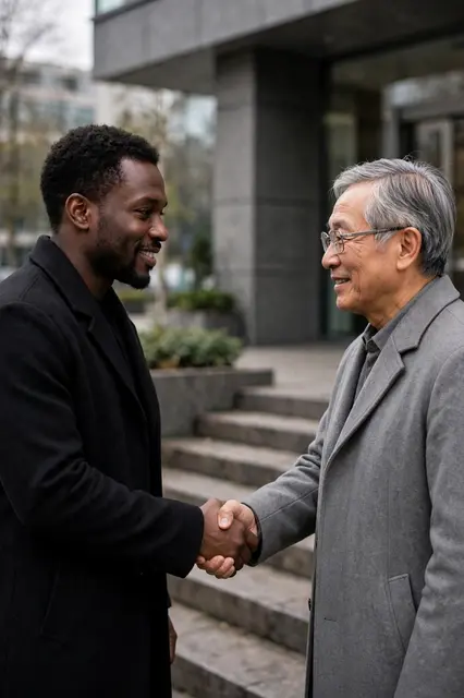 Two men shake hands smiling outside a modern office building on stone steps