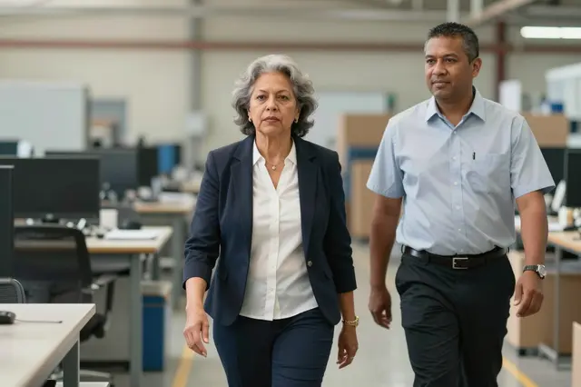 Two professional colleagues walk side by side through an industrial office and factory space