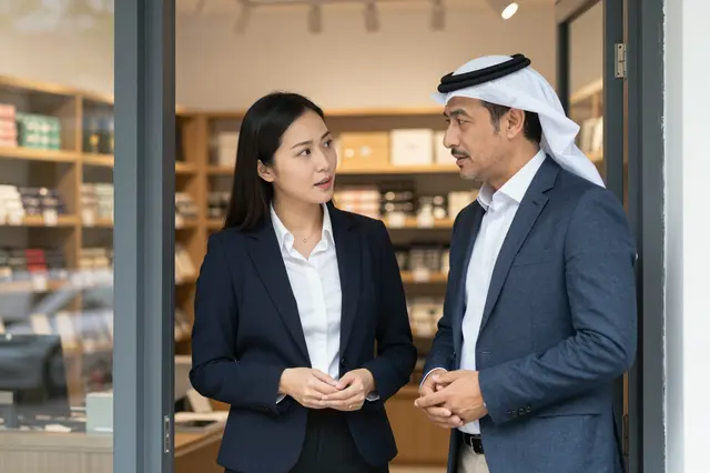 An East Asian woman and Middle Eastern man in business attire talk in their retail shop doorway.