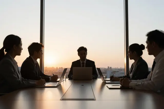 Silhouetted business people sit around a boardroom table with laptops as warm sunset light comes through large office windows