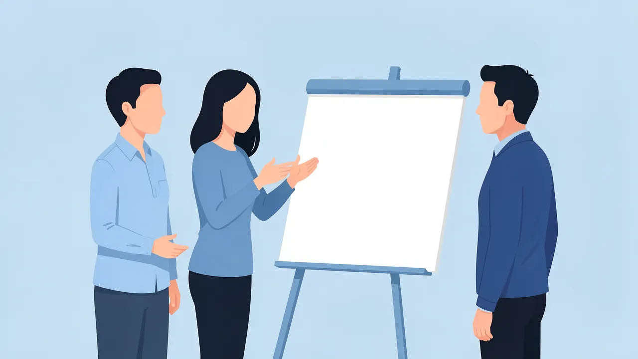 A faceless woman presents to two male colleagues next to a blank flip chart easel in soft blue tones