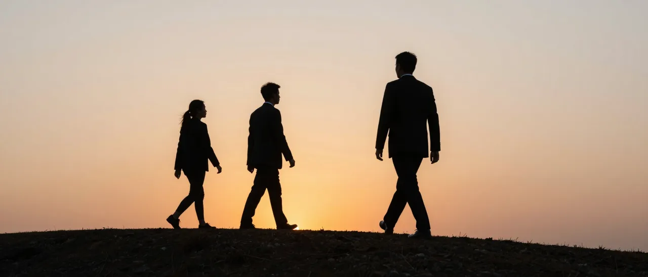 Three business people walk along a hilltop ridge as silhouettes against a warm sunset sky