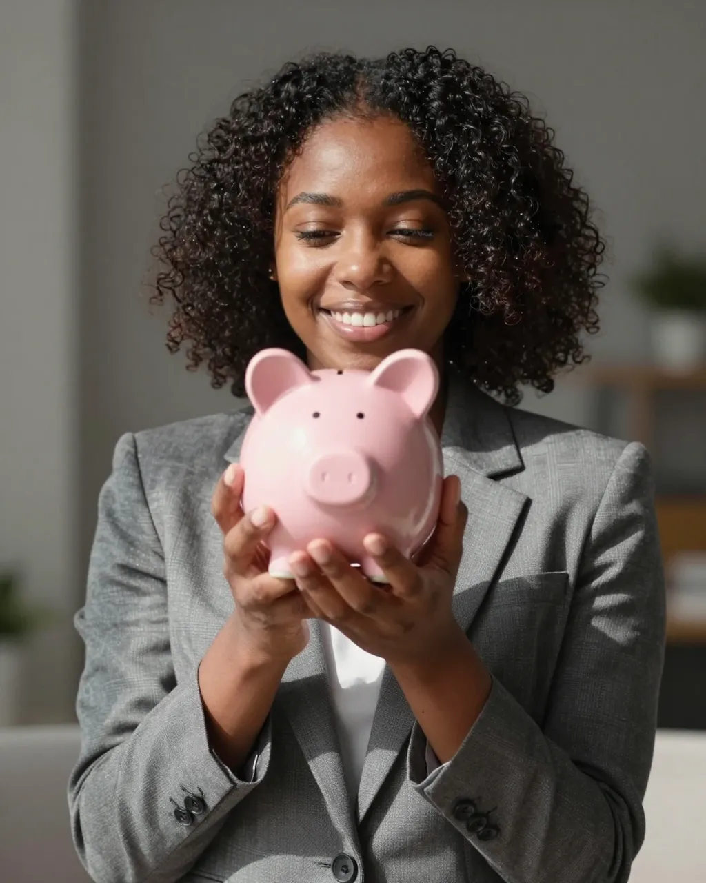 Smiling Black woman in a gray blazer holds a pink piggy bank in bright indoor sunlight