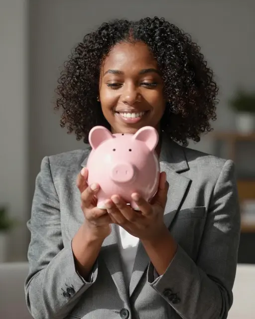 Smiling Black woman in a gray blazer holds a pink piggy bank in bright indoor sunlight