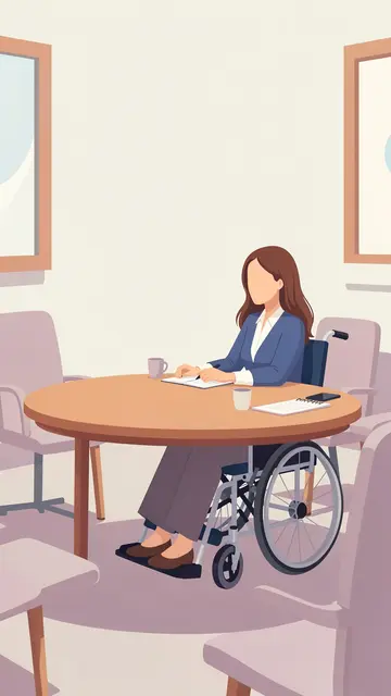 Faceless woman in a wheelchair sits at a round office conference table writing in a notebook.