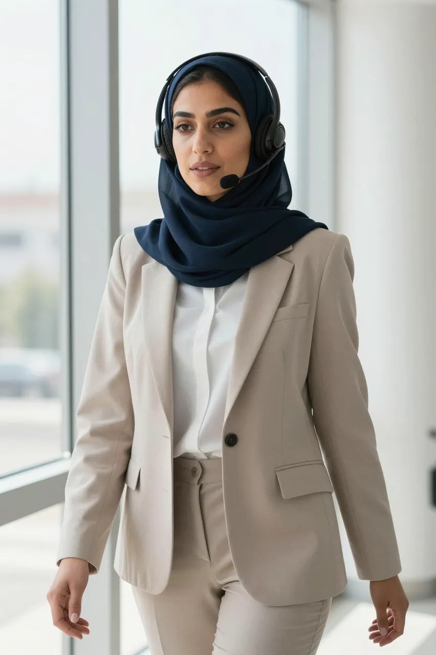 Middle Eastern professional woman in a hijab and blazer wears a headset while walking near a sunny office window.
