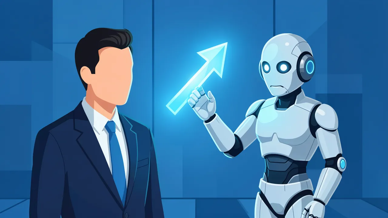 Faceless suited business lead stands beside a robot holding a glowing upward growth arrow on a blue background