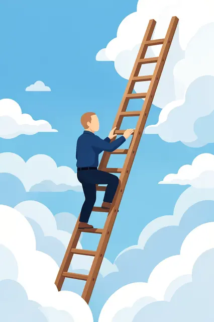 Faceless business figure climbs a tall wooden ladder rising through fluffy blue sky clouds