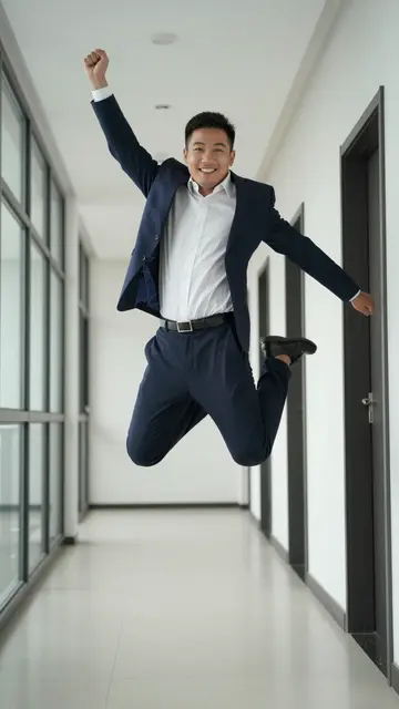 Smiling East Asian man in a navy suit jumps for joy in a bright empty office corridor