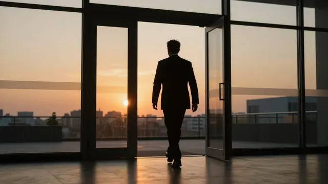 Silhouette of a businessman walking out through open office glass doors toward an orange sunset skyline