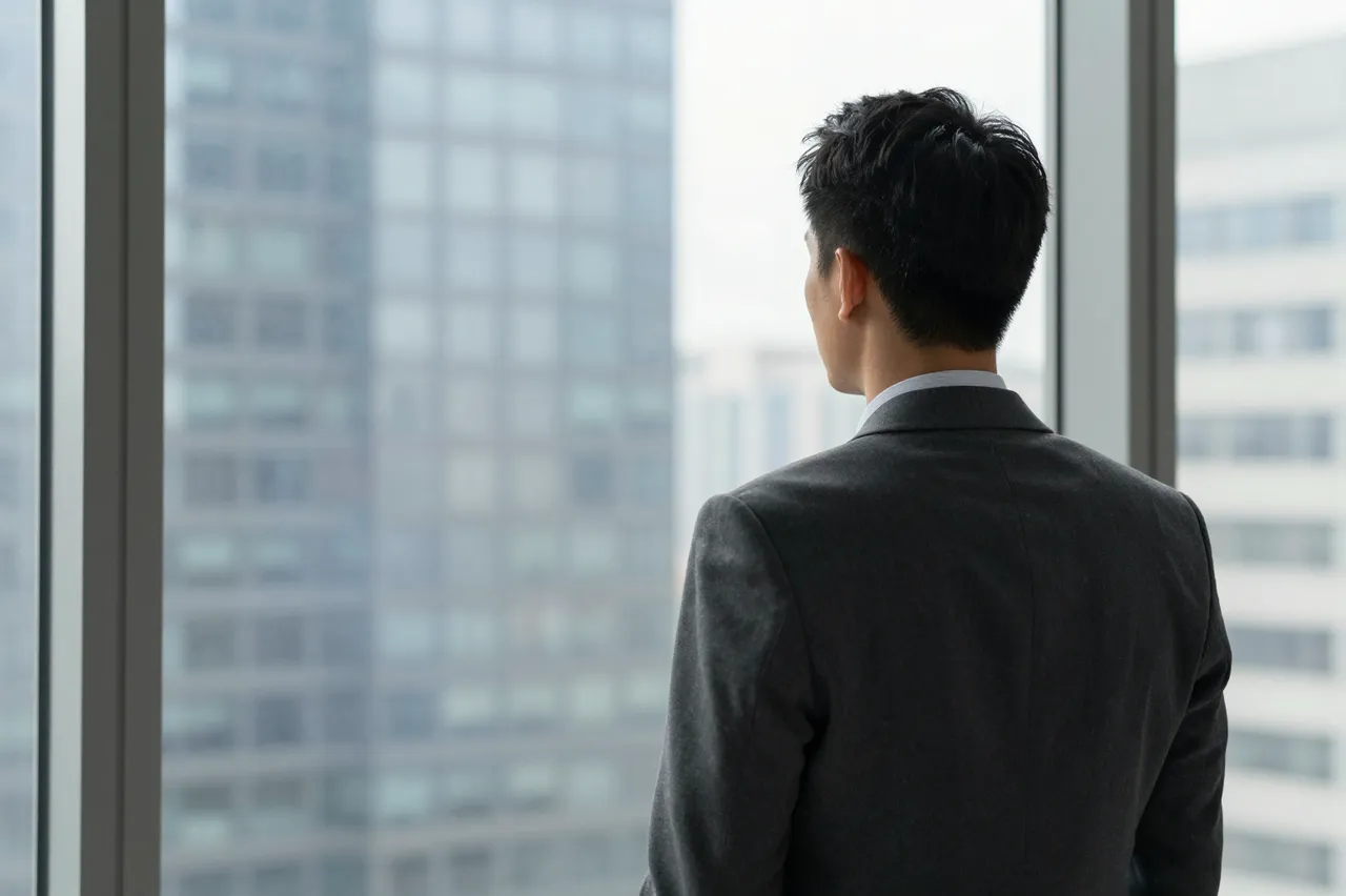 Viewed from behind, a businessman in a dark suit looks out at city skyscrapers through an office window.