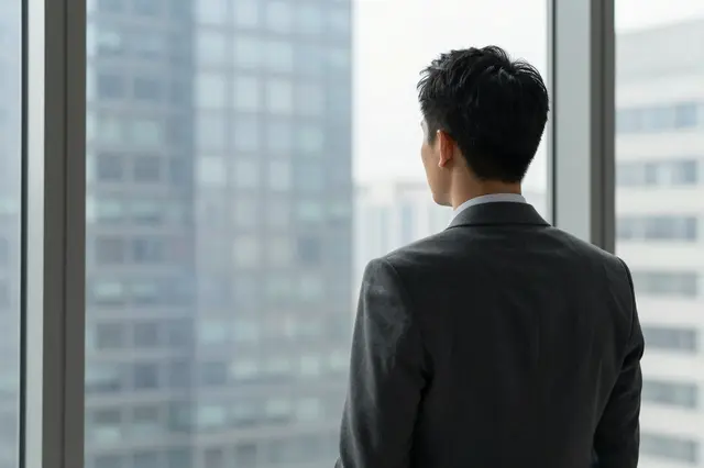 Viewed from behind, a businessman in a dark suit looks out at city skyscrapers through an office window.