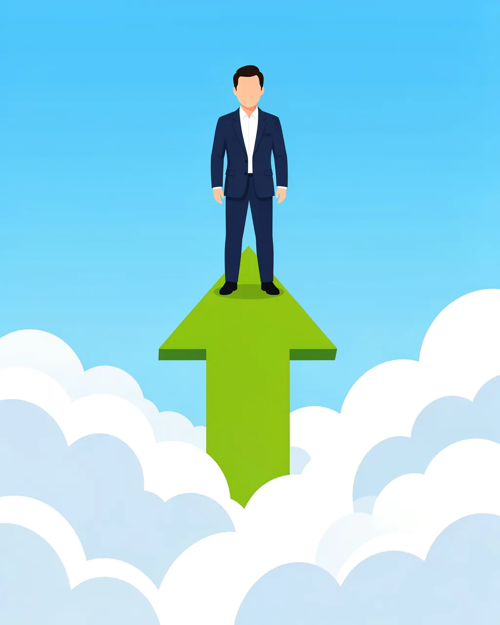 Faceless businessman in a suit stands atop a large upward arrow rising above fluffy white clouds