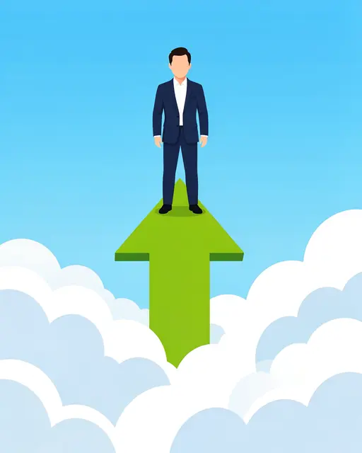 Faceless businessman in a suit stands atop a large upward arrow rising above fluffy white clouds