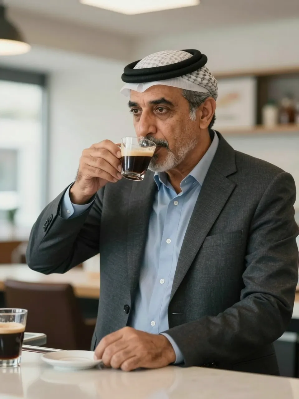 Senior Middle Eastern businessman in a keffiyeh sips espresso at a bright office cafe counter