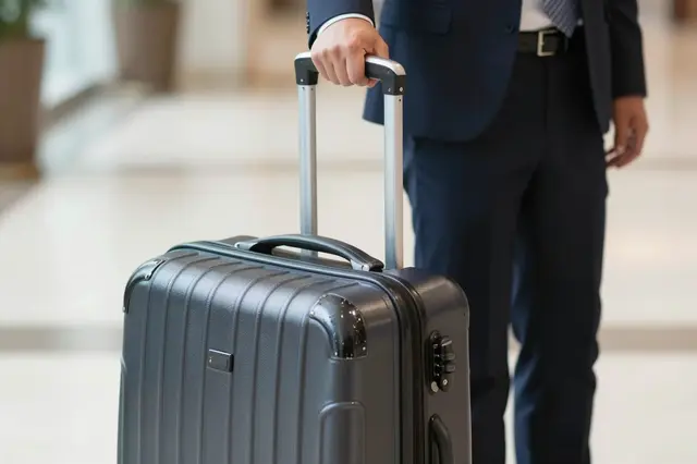 Partial view of a businessman in a dark suit holding a rolling suitcase in a bright hotel lobby