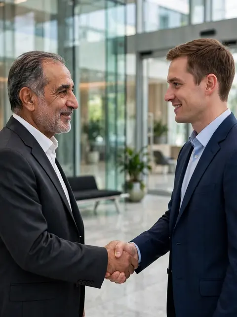 Two suited businessmen shake hands and smile while standing in a modern glass office lobby