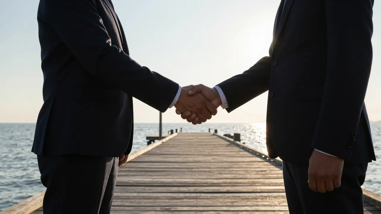 Two people in dark business suits shake hands while standing on a wooden harbor pier at bright sunrise over the water