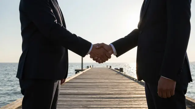 Two people in dark business suits shake hands while standing on a wooden harbor pier at bright sunrise over the water