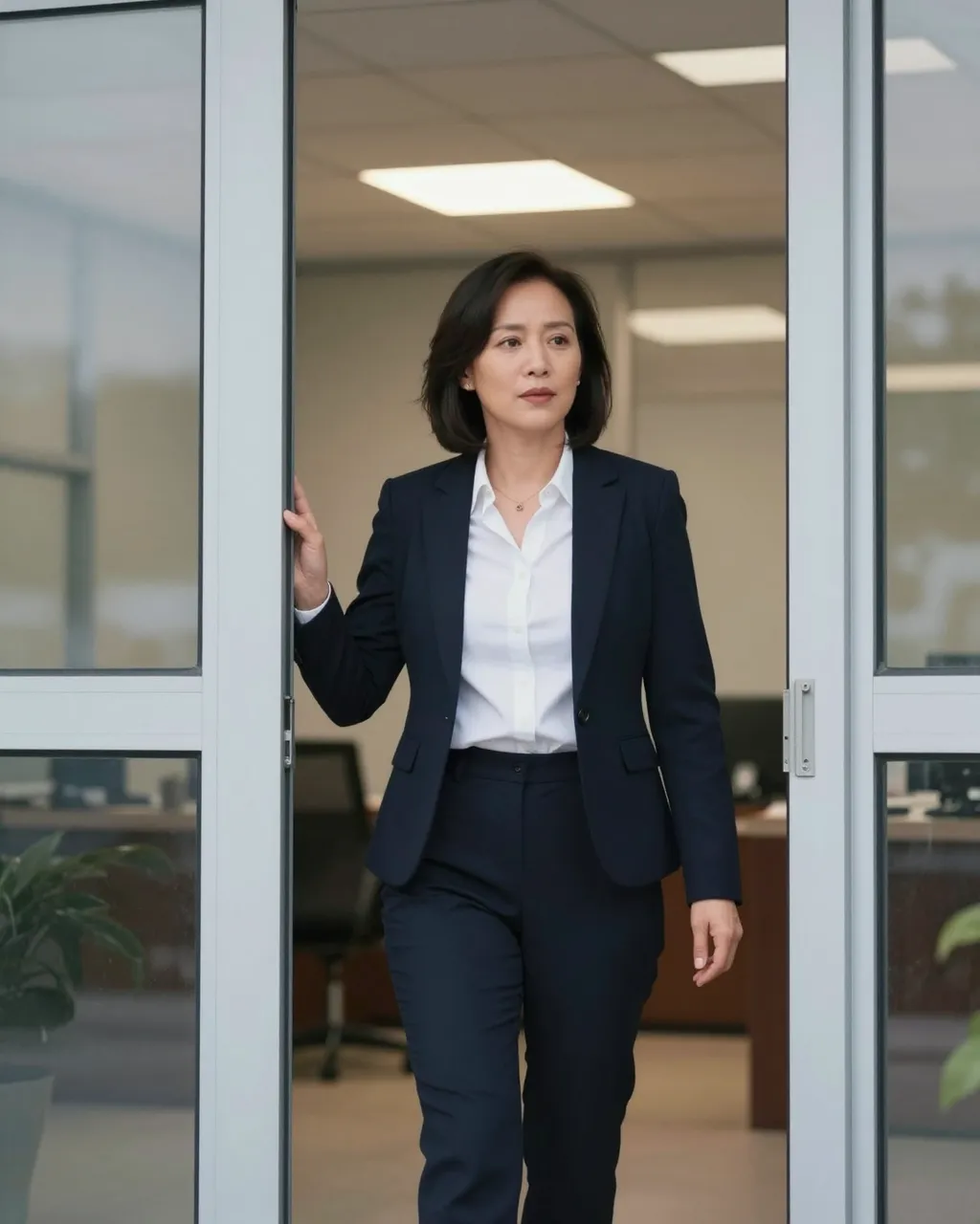 A middle-aged Southeast Asian businesswoman walks out through an office glass door at the end of the workday.