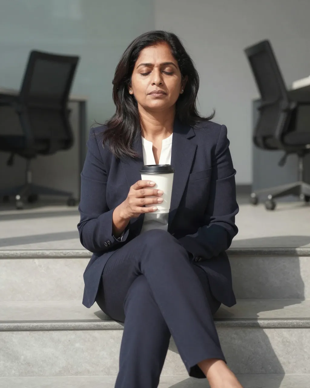 South Asian businesswoman in a navy suit sits on sunny office steps with eyes closed holding a disposable coffee cup