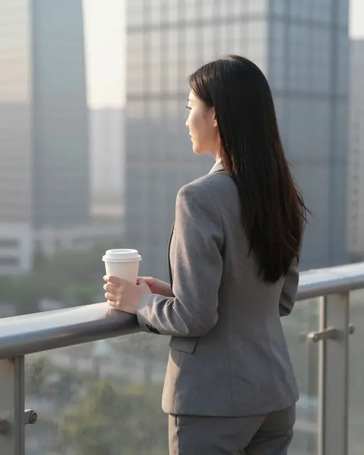 A businesswoman in a gray suit holds a coffee cup while standing on an office balcony at sunrise overlooking the city