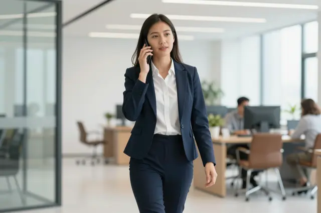 A businesswoman in a navy suit walks through a bright modern office while talking on a mobile phone.