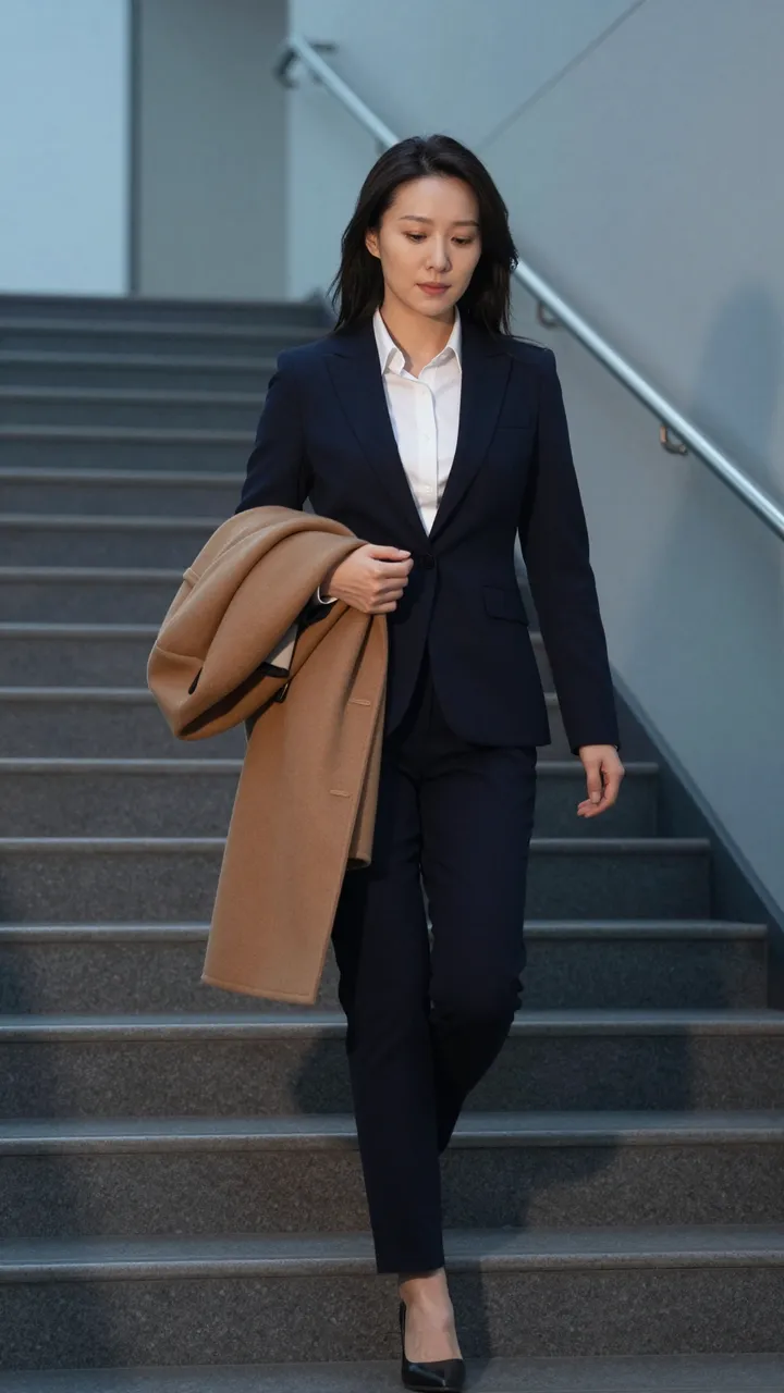 East Asian businesswoman in a navy suit descends office stairs holding a camel coat at dusk