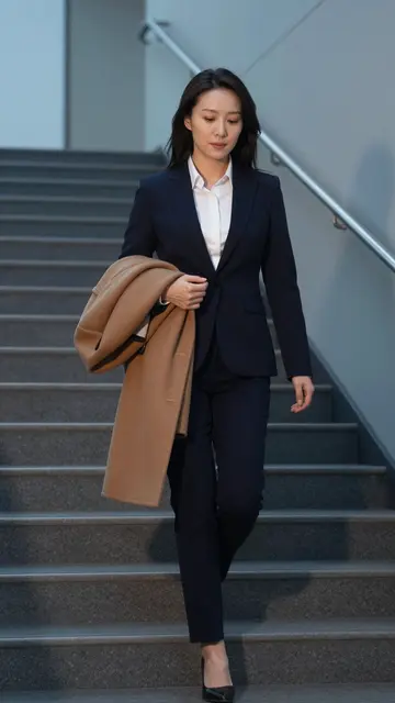 East Asian businesswoman in a navy suit descends office stairs holding a camel coat at dusk