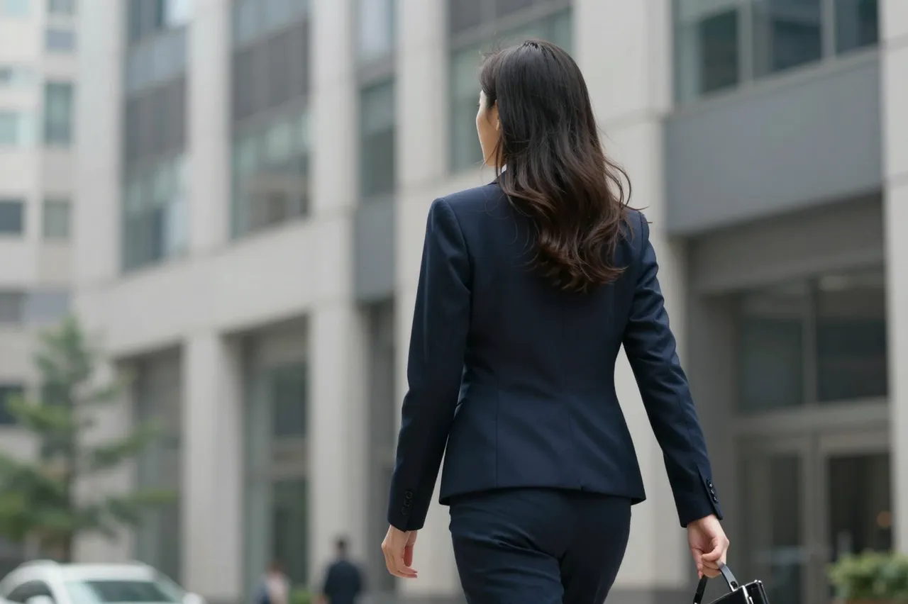 Rear view of a professional woman in a navy suit walking through an office district carrying a briefcase