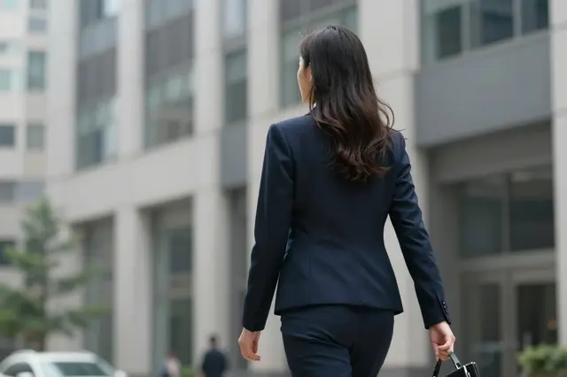 Rear view of a professional woman in a navy suit walking through an office district carrying a briefcase