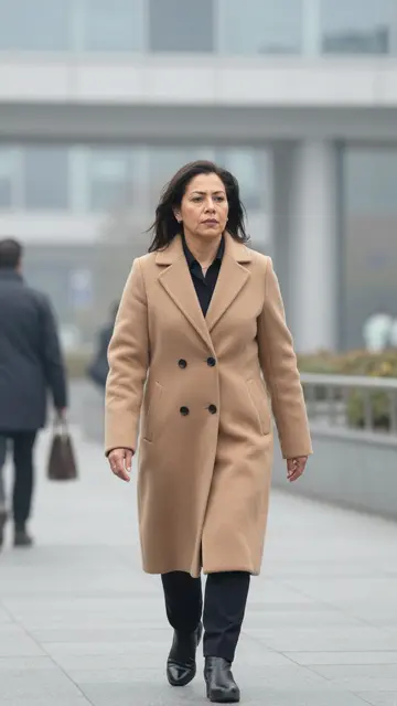 Latina woman in a tan coat walks on a paved office campus walkway on a misty morning