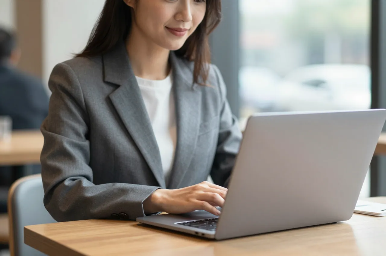 Professional woman in a gray blazer types on an unbranded laptop at a sunlit cafe table